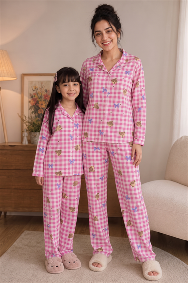 Anne Kız Pijama Takımı Pembe Fiyonk Desenli Uzun Kollu Rahat Ev Giyim Takımı