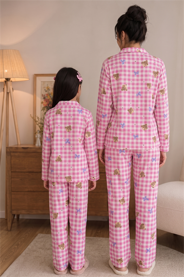 Anne Kız Pijama Takımı Pembe Fiyonk Desenli Uzun Kollu Rahat Ev Giyim Takımı
