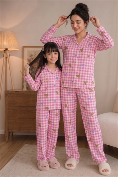 Anne Kız Pijama Takımı Pembe Fiyonk Desenli Uzun Kollu Rahat Ev Giyim Takımı