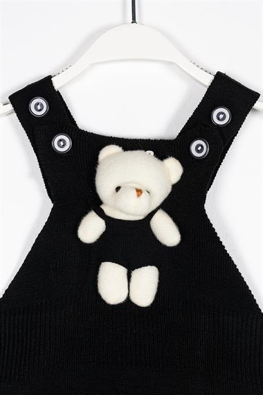 Askılı Düğmeli Önü Ayıcıklı Siyah Renk Kız Çocuk Salopet