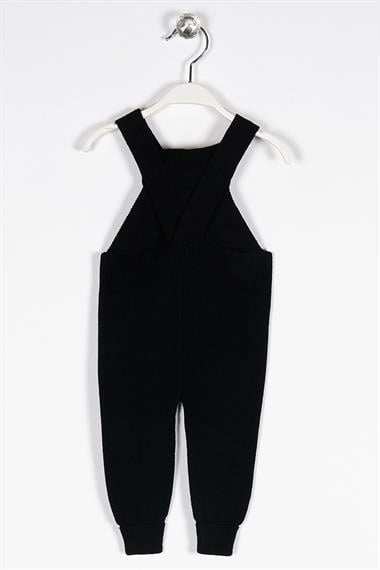 Askılı Düğmeli Önü Ayıcıklı Siyah Renk Kız Çocuk Salopet