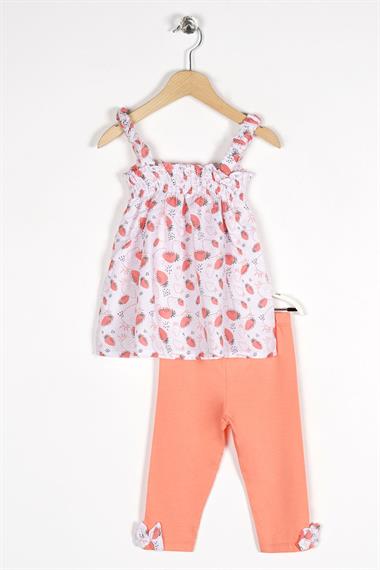 Askılı Çilek Baskılı Somon Renk Kız Çocuk Taytlı Takım