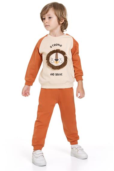 Aslan Figürlü Yazı Baskılı Kiremit Renk Erkek Çocuk İkili Takım