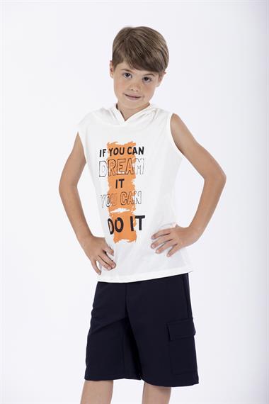Baskılı Kapüşonlu Sıfır Kol Ekru Renk Erkek Çocuk Tshirt