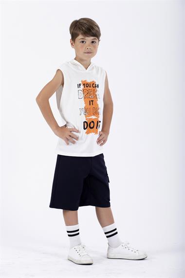 Baskılı Kapüşonlu Sıfır Kol Ekru Renk Erkek Çocuk Tshirt