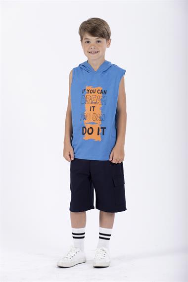 Baskılı Kapüşonlu Sıfır Kol Mavi Renk Erkek Çocuk Tshirt