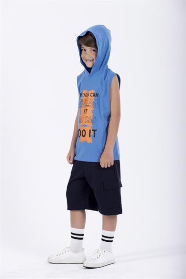 Baskılı Kapüşonlu Sıfır Kol Mavi Renk Erkek Çocuk Tshirt