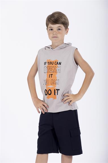 Baskılı Kapüşonlu Sıfır Kol Taş Renk Erkek Çocuk Tshirt