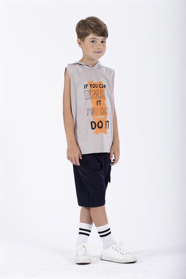 Baskılı Kapüşonlu Sıfır Kol Taş Renk Erkek Çocuk Tshirt