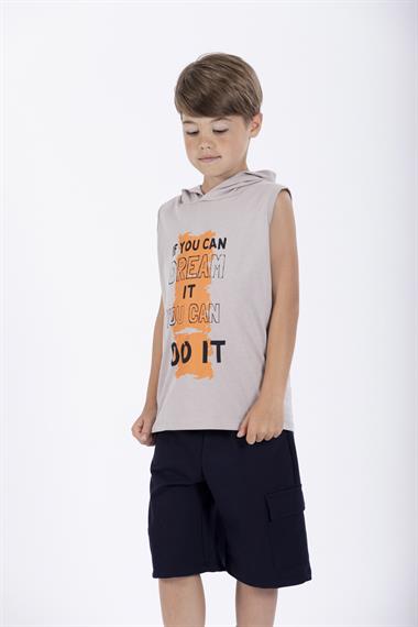 Baskılı Kapüşonlu Sıfır Kol Taş Renk Erkek Çocuk Tshirt