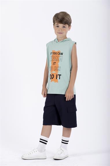 Baskılı Kapüşonlu Sıfır Kol Yeşil Renk Erkek Çocuk Tshirt