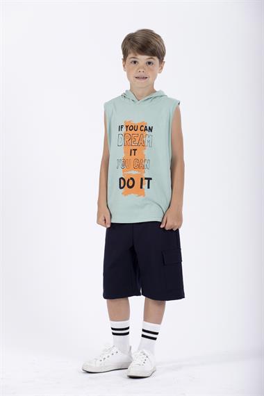 Baskılı Kapüşonlu Sıfır Kol Yeşil Renk Erkek Çocuk Tshirt