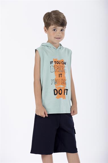Baskılı Kapüşonlu Sıfır Kol Yeşil Renk Erkek Çocuk Tshirt