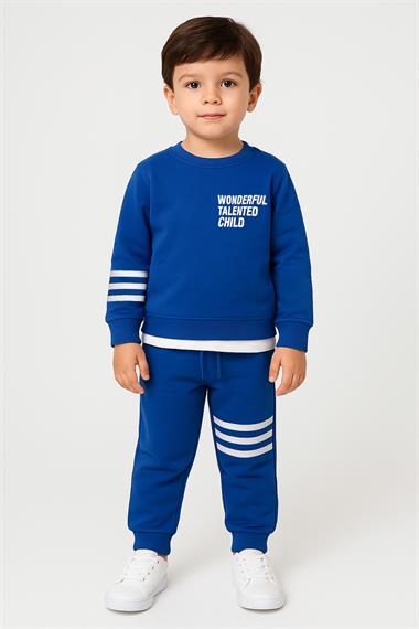 Garnili Şerit Detaylı Saks Renk Erkek Çocuk Eşofman Takımı