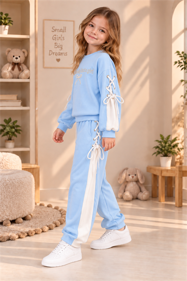 Kız Çocuk Bebe Mavisi Eşofman Takımı Oysho Kumaş Kaliteli Sweatshirt Pantolon İpli Bağcıklı Spor Günlük Takım