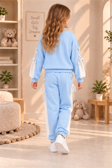 Kız Çocuk Bebe Mavisi Eşofman Takımı Oysho Kumaş Kaliteli Sweatshirt Pantolon İpli Bağcıklı Spor Günlük Takım
