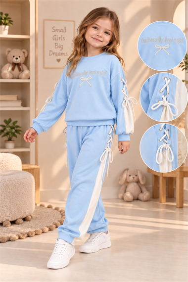 Kız Çocuk Bebe Mavisi Eşofman Takımı Oysho Kumaş Kaliteli Sweatshirt Pantolon İpli Bağcıklı Spor Günlük Takım