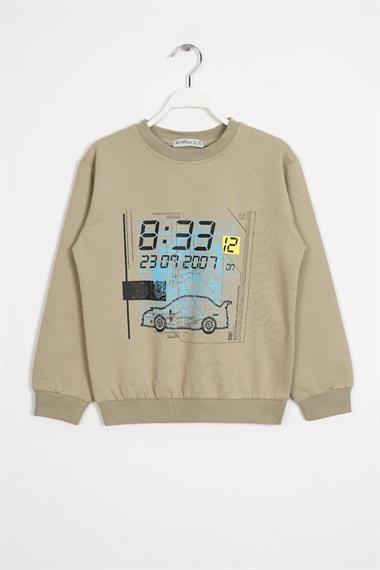 Bisiklet Yaka Araba Baskılı Haki Renk Erkek Çocuk Sweatshirt