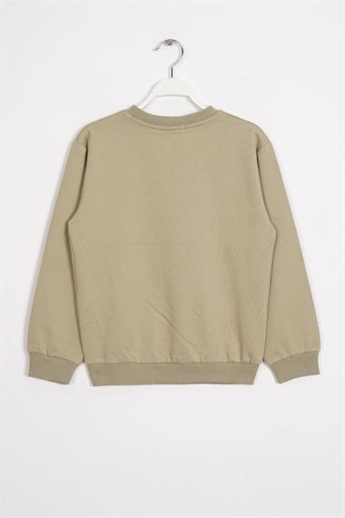 Bisiklet Yaka Araba Baskılı Haki Renk Erkek Çocuk Sweatshirt