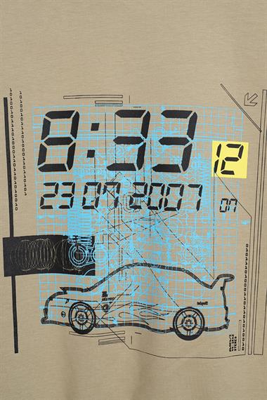 Bisiklet Yaka Araba Baskılı Haki Renk Erkek Çocuk Sweatshirt