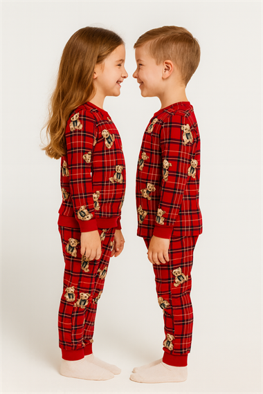Bisiklet Yaka Ayıcık Baskılı Kırmızı Renk Unisex Çocuk Pijama Takımı