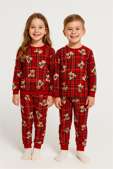 Bisiklet Yaka Ayıcık Baskılı Kırmızı Renk Unisex Çocuk Pijama Takımı