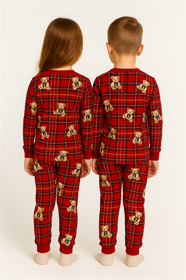 Bisiklet Yaka Ayıcık Baskılı Kırmızı Renk Unisex Çocuk Pijama Takımı