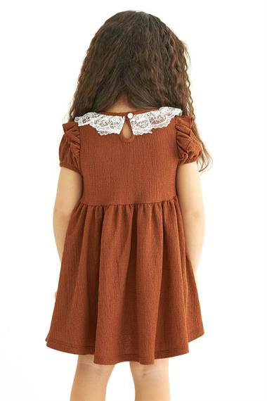 Kare Yaka Fırfır Kol Bısıklet Yaka Kurdale Detaylı Yakası Dantelli Tarcin Renk Kız Çocuk Elbıse