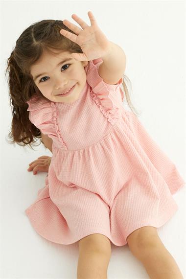 Bisiklet Yaka Fırfırlı Beli Büzgülü Pembe Renk Kız Çocuk Elbise