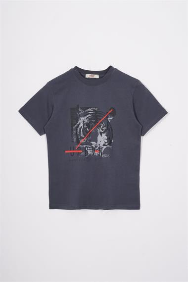 Bisiklet Yaka Kaplan Baskılı Füme Renk Erkek Çocuk Tshirt