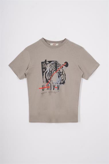 Bisiklet Yaka Kaplan Baskılı Vizon Renk Erkek Çocuk Tshirt