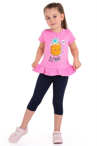 Bisiklet Yaka Kısa Kol Ananas Baskılı Pembe Renk Kız Çocuk Taytlı Takım