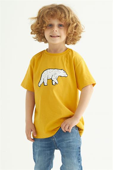 Bisiklet Yaka Kısa Kol Ayı Baskılı Hardal Renk Erkek Çocuk Tshirt