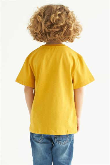 Bisiklet Yaka Kısa Kol Ayı Baskılı Hardal Renk Erkek Çocuk Tshirt