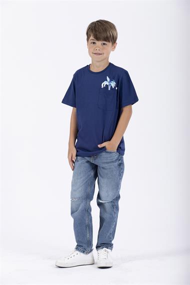 Bisiklet Yaka Kısa Kol Balına Baskılı Indigo Renk Erkek Çocuk Tshirt