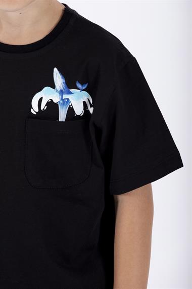 Bisiklet Yaka Kısa Kol Balına Baskılı Siyah Renk Erkek Çocuk Tshirt