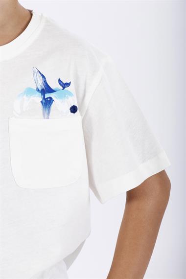 Bisiklet Yaka Kısa Kol Balına Baskılı Ekru Renk Erkek Çocuk Tshirt