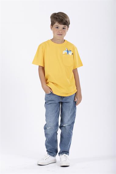 Bisiklet Yaka Kısa Kol Balına Baskılı Koyu Sari Renk Erkek Çocuk Tshirt