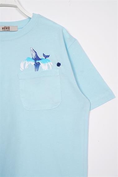 Bisiklet Yaka Kısa Kol Balına Baskılı Acik Mavi Renk Erkek Çocuk Tshirt