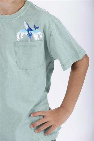 Bisiklet Yaka Kısa Kol Balına Baskılı Cagla Yesil Renk Erkek Çocuk Tshirt