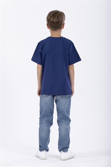 Bisiklet Yaka Kısa Kol Balına Baskılı Indigo Renk Erkek Çocuk Tshirt