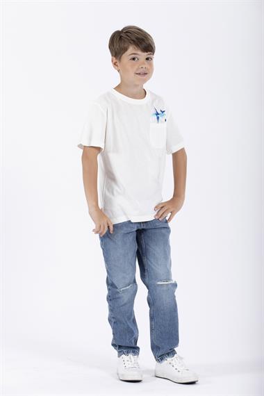 Bisiklet Yaka Kısa Kol Balına Baskılı Ekru Renk Erkek Çocuk Tshirt