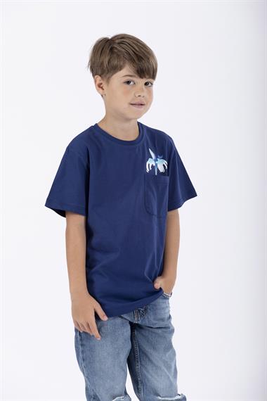 Bisiklet Yaka Kısa Kol Balına Baskılı Indigo Renk Erkek Çocuk Tshirt