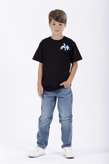 Bisiklet Yaka Kısa Kol Balına Baskılı Siyah Renk Erkek Çocuk Tshirt