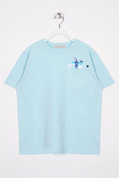 Bisiklet Yaka Kısa Kol Balına Baskılı Acik Mavi Renk Erkek Çocuk Tshirt
