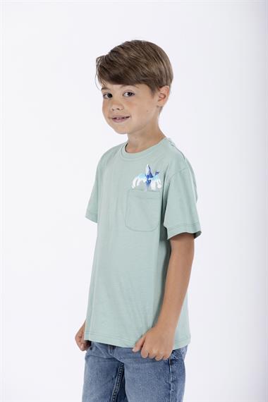 Bisiklet Yaka Kısa Kol Balına Baskılı Cagla Yesil Renk Erkek Çocuk Tshirt