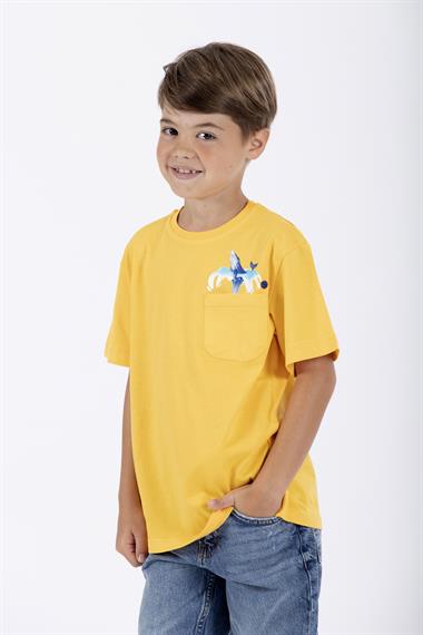 Bisiklet Yaka Kısa Kol Balına Baskılı Koyu Sari Renk Erkek Çocuk Tshirt