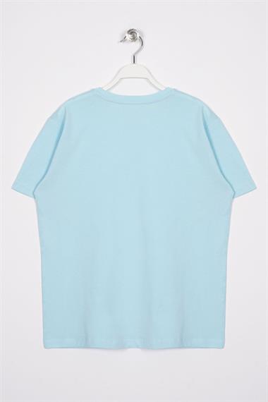 Bisiklet Yaka Kısa Kol Balına Baskılı Acik Mavi Renk Erkek Çocuk Tshirt