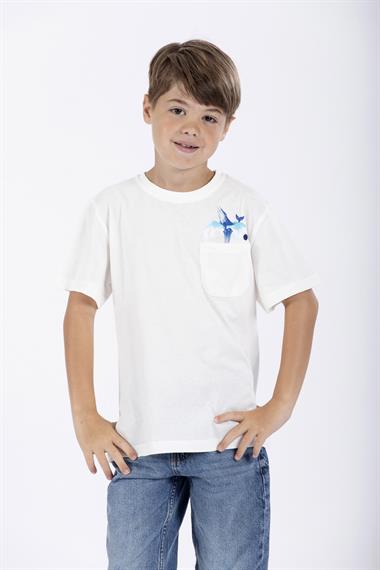Bisiklet Yaka Kısa Kol Balına Baskılı Ekru Renk Erkek Çocuk Tshirt