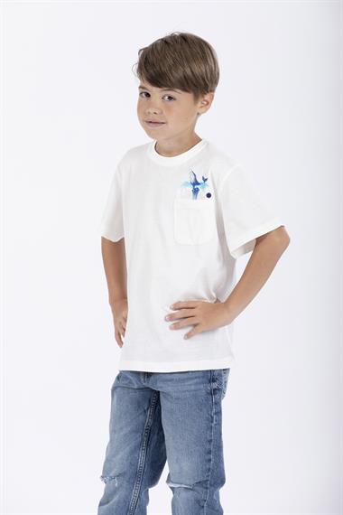Bisiklet Yaka Kısa Kol Balına Baskılı Ekru Renk Erkek Çocuk Tshirt